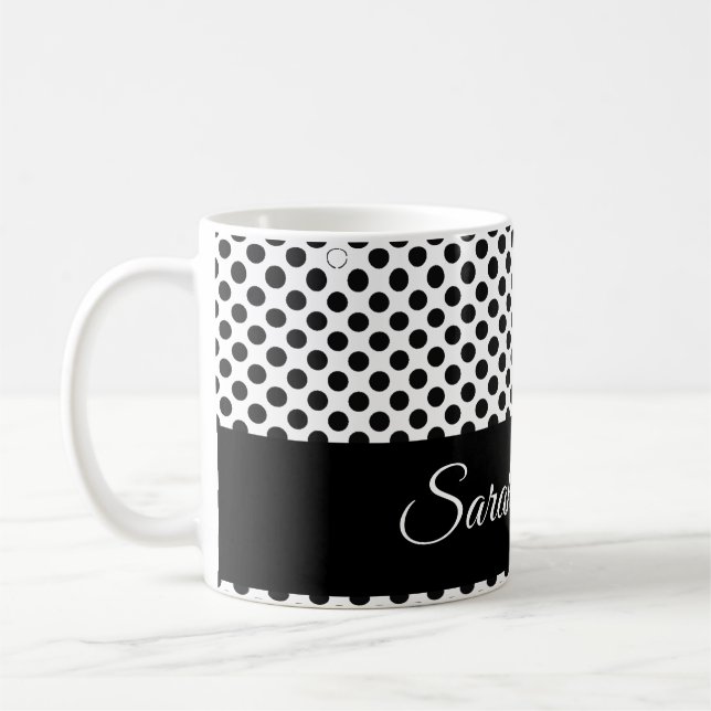 Mug Pois noir et blanc Nom de script personnalisé (Gauche)