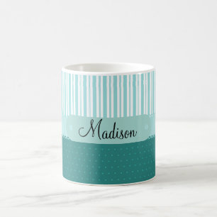 Mug Pois nommé de rayures de Teal personnalisé par