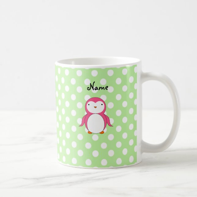 Mug Pois rose nommé personnalisé de vert de pingouin (Droite)