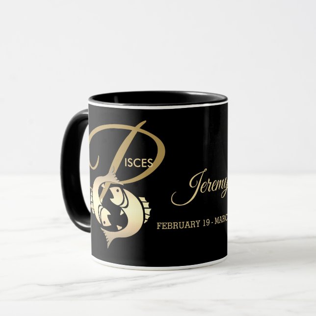 Mug Poissons ♓ Zodiac Signal d'anniversaire / Noir et  (Devant gauche)