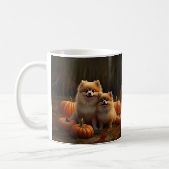 Mug Poméranien Chiot Automne Citrouille délice (Gauche)