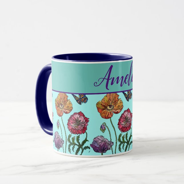 Mug Poppies de pavot Red Shabby Chic Aqua Floral Fleur (Devant gauche)