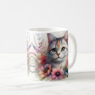 Mug Portrait de chat calico avec des fleurs