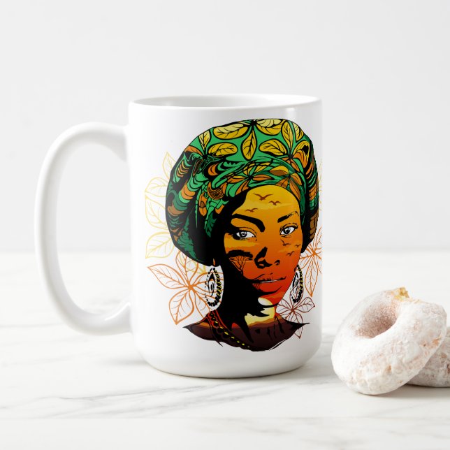Mug Portrait féminin africain avec coucher de soleil (Avec donut)