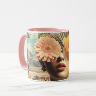Mug Portrait Féminin Surréaliste avec des Fleurs Couvr
