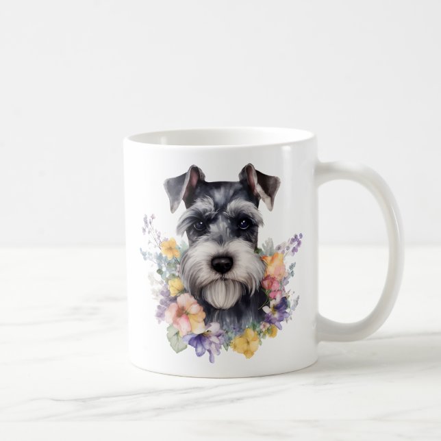 Mug Portrait mignon Schnauzer avec fleurs (Droite)