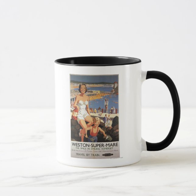 Mug Poster de la Mère et du Fils sur la Plage (Droite)
