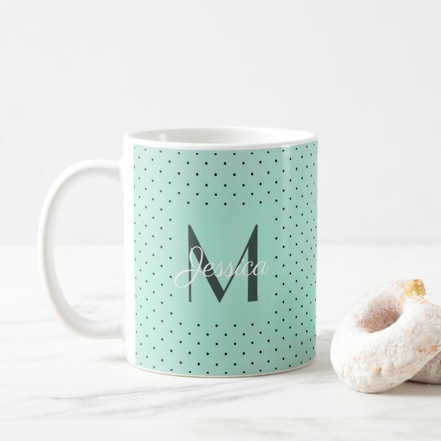 Mug Pot Polka Turquoise moderne et monogramme (Avec donut)