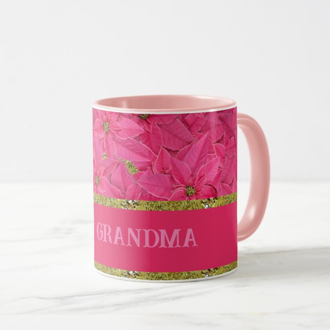 Mug Potsettias Fuchsia, Noël personnalisé (Devant droit)