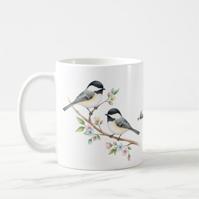Mug Poulets mignons sur Floral Branch Nom personnalisé (Gauche)