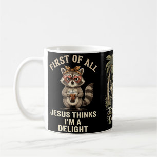 Mug Premier Jésus pense une conception de raton laveur