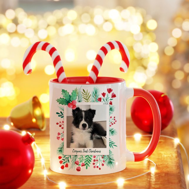 Mug Premier Noël de Chiot 2 Photo Aquarelle Vitrage (Puppy's First Christmas Two Photo Mug)