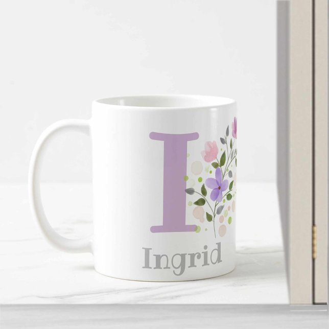 Mug Premier nom initial plus Ingrid avec fleurs (Créateur téléchargé)