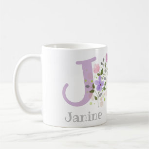 Mug Premier nom initial plus Janine avec fleurs