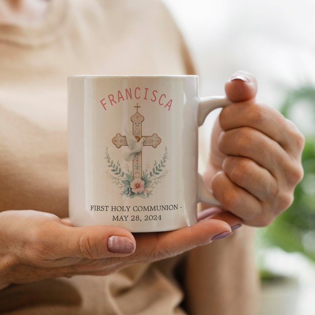 Mug Première Communion Croix rose florale et colombe (Créateur téléchargé)