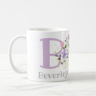 Mug Première initiale plus nom Beverley avec des fleur