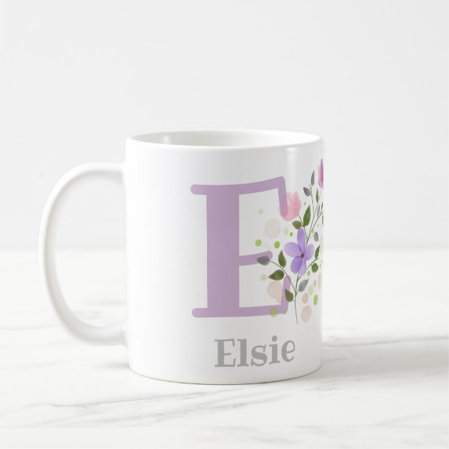 Mug Première initiale plus nom Elsie avec des fleurs (Gauche)