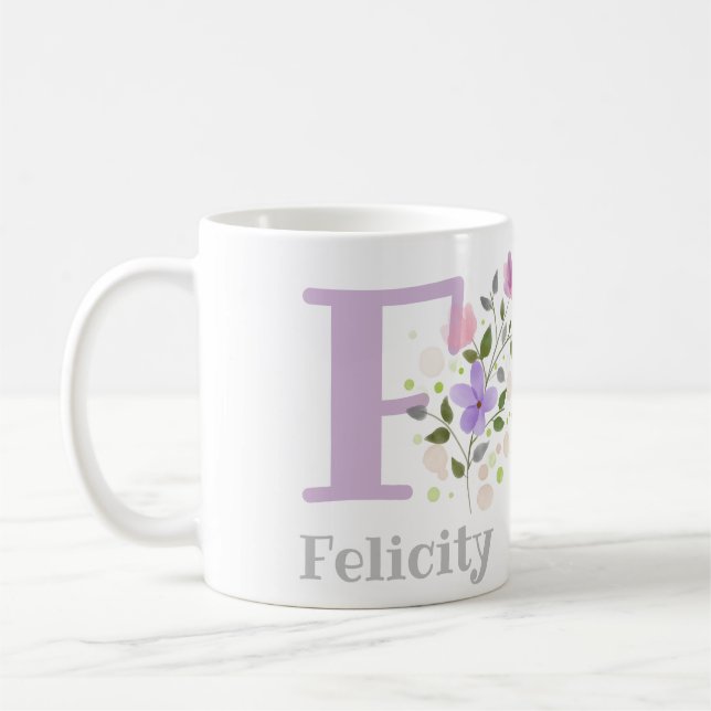 Mug Première initiale plus nom Felicity avec fleurs (Gauche)