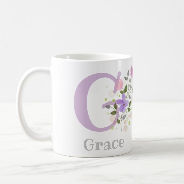 Mug Première initiale Plus Nom Grace avec Fleurs (Gauche)