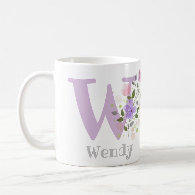 Mug Première initiale plus prénom avec des fleurs (Gauche)