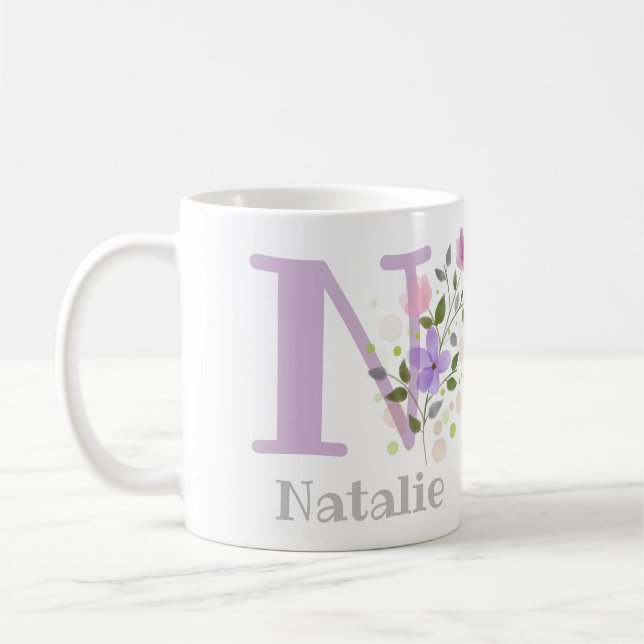 Mug Première initiale plus prénom avec des fleurs (Gauche)