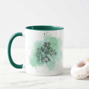 Mug Première N aquarelle Monogramme vert Botanique