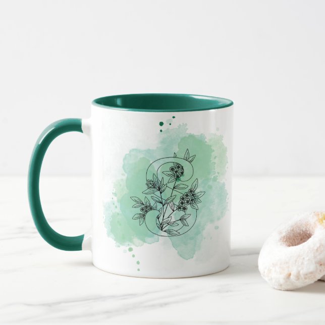 Mug Première S Aquarelle Monogramme Vert Botanique (Avec donut)