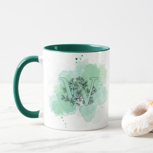 Mug Première W aquarelle Monogramme vert Botanique (Avec donut)