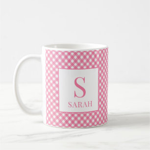 Mug Préparatoire Rose Gingham Carreaux Monogramme Nom