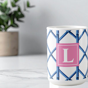 Mug Preppy Blue Trellis Bamboo Motif Monogramme