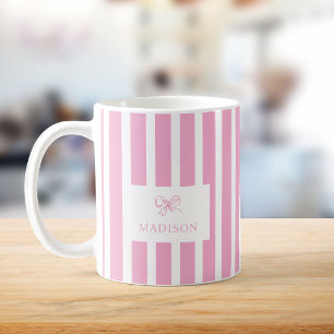 Mug Preppy Pink Stripes & Bow Nom personnalisé