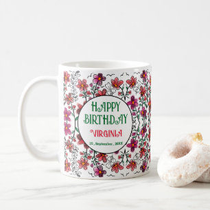 MUG PRINTEMPS UNIQUE ROUGE DOODLE FLEURS ANNIVERSAIRE