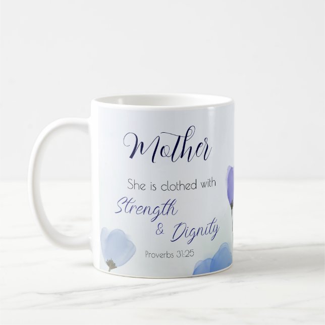 Mug Proverbes 31:25 Religieux Blue Floral Foi des femm (Gauche)
