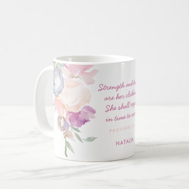 Mug Proverbes de force et d'honneur 31 Pastel Floral (Devant gauche)
