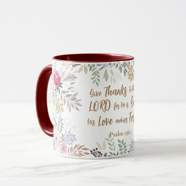 Mug Psaume 136:1 Remerciez le Seigneur Floral (Devant gauche)