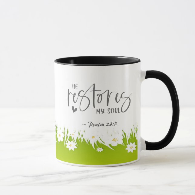 Mug Psaume 23:3 Il rétablit mon âme Bible Verse (Droite)