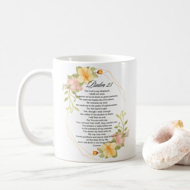 Mug Psaume 23 Écriture Bible Cadre Floral Jaune (Avec donut)