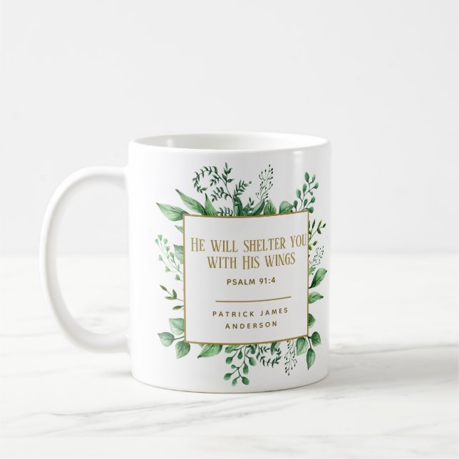 Mug Psaume 91:4 Il vous abritera Nom personnalisé (Gauche)