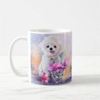 Mug Puppy blanc bouffon et fleurs dans un vase