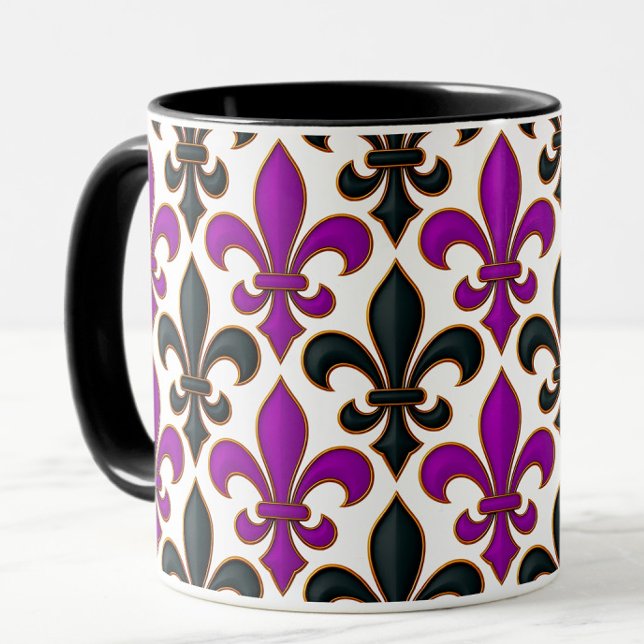 Mug Purple Black Baroque Fleur-de-lis Pattern Design  (Créateur téléchargé)