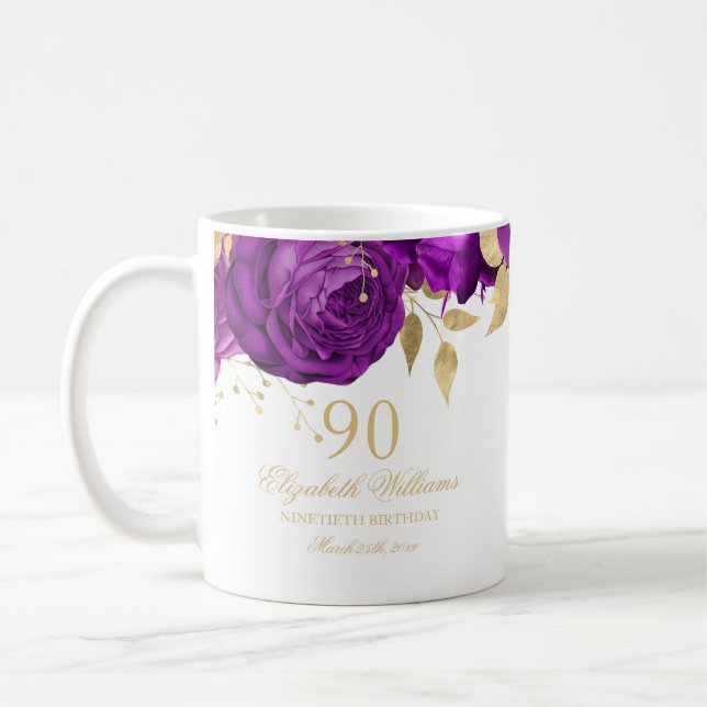 Mug Purple Gold Floral Rose 90e anniversaire (Gauche)