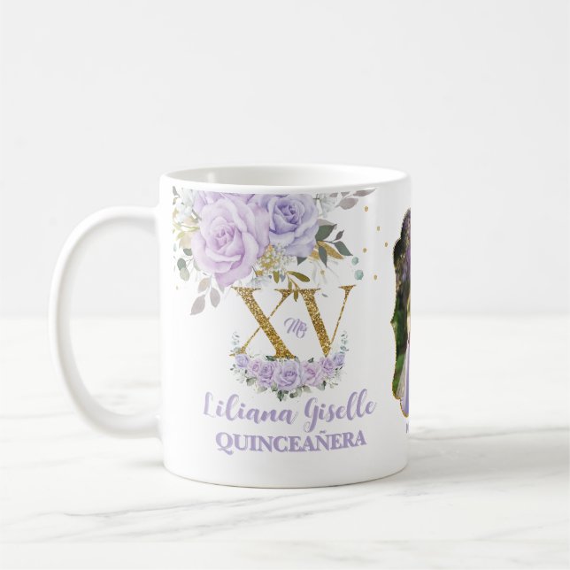 Mug Purple Lilac Floral XV QUINCEAÑERA Quince 15 Photo (Gauche)