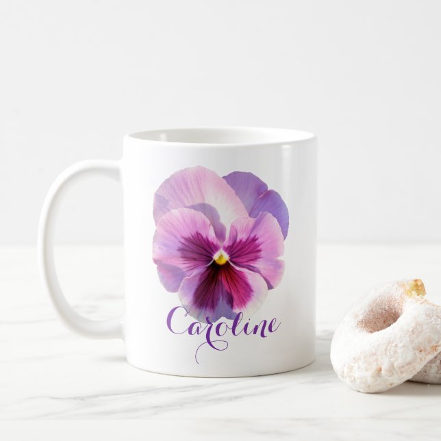 Mug Purple Pansy Flower Nom personnalisé (Avec donut)