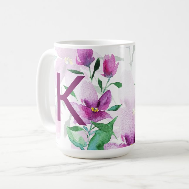 Mug Purple Wildflowers Watercolor Monogram (Devant gauche)