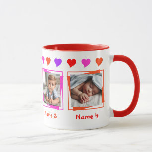 Mug Quatre photos personnalisées, cœurs colorés, famil