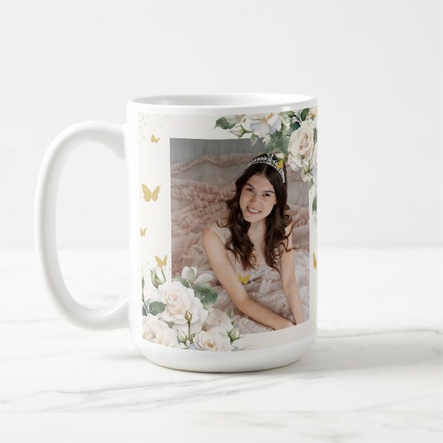 Mug Quinceañera Ivory White Floral Robe Princesse Or (Gauche)