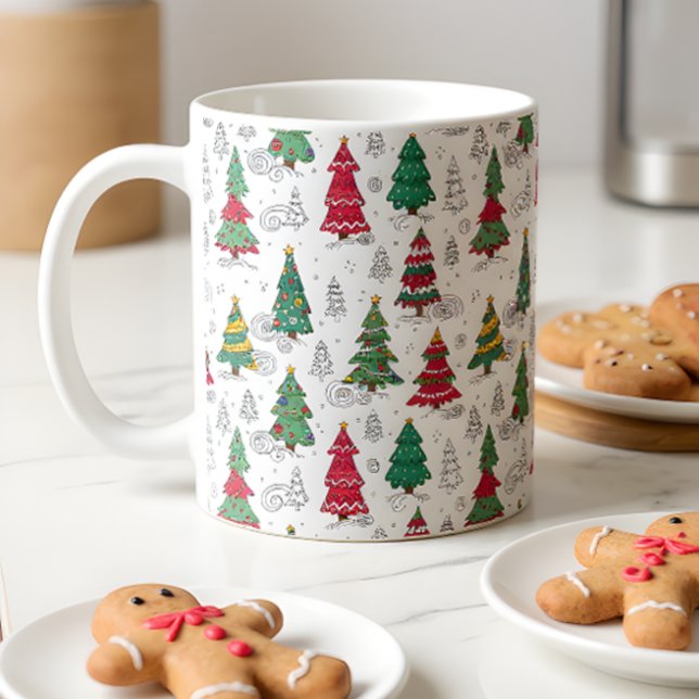 Mug Quirky Whimsical Decorated Christmas Trees Doodles (Créateur téléchargé)