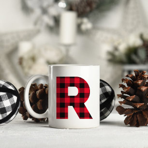 Mug R monogramme lettre R gras carreau bison rouge et