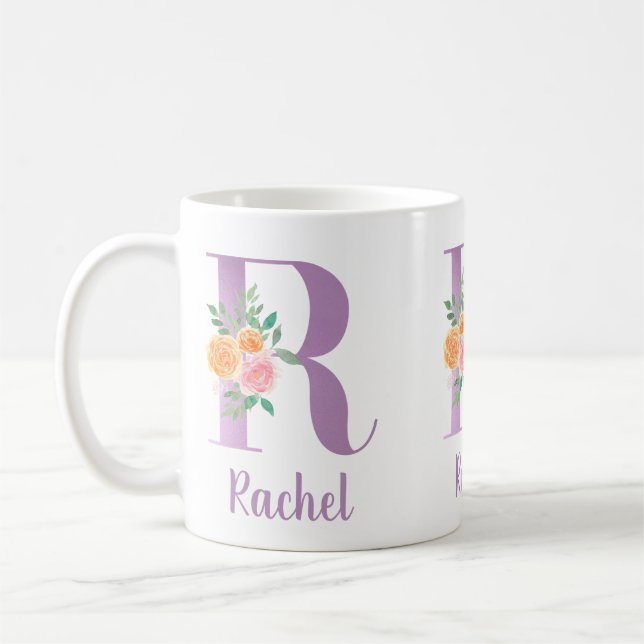 Mug R Monogramme Purple Floral Aquarelle personnalisée (Gauche)