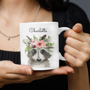 Mug Raccoon de Boho mignon avec couronne de fleurs et 